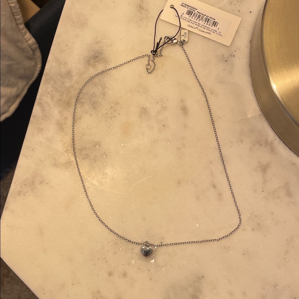 Coach Silver Dainty Heart Pendant Adjustable Necklace Mini Logo